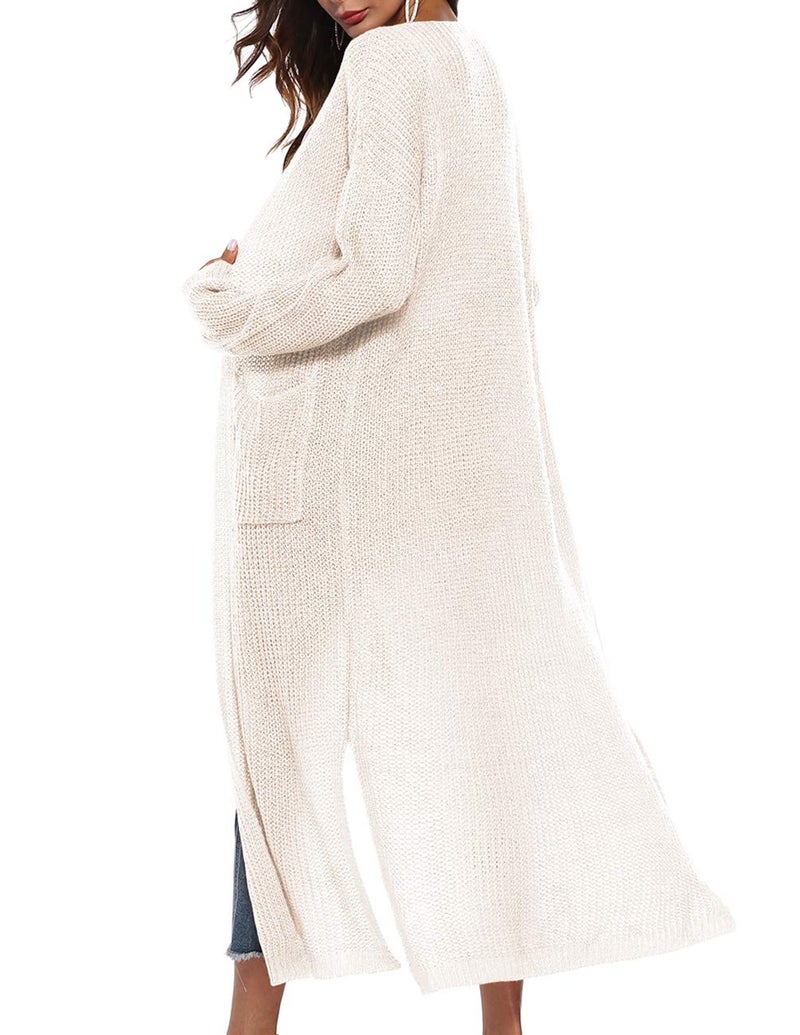 Kistore Womens Long Maxi Cardigan Open Front Cardigan Slit Sweater Casual Loose Elegant Winter Autumn Rib Knitted Coat White-Cream - Image 4
